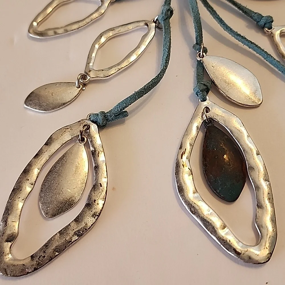 Teal Leather Cord Necklace Silver & Copper Colored Leaf Pendants Lobster Clasp